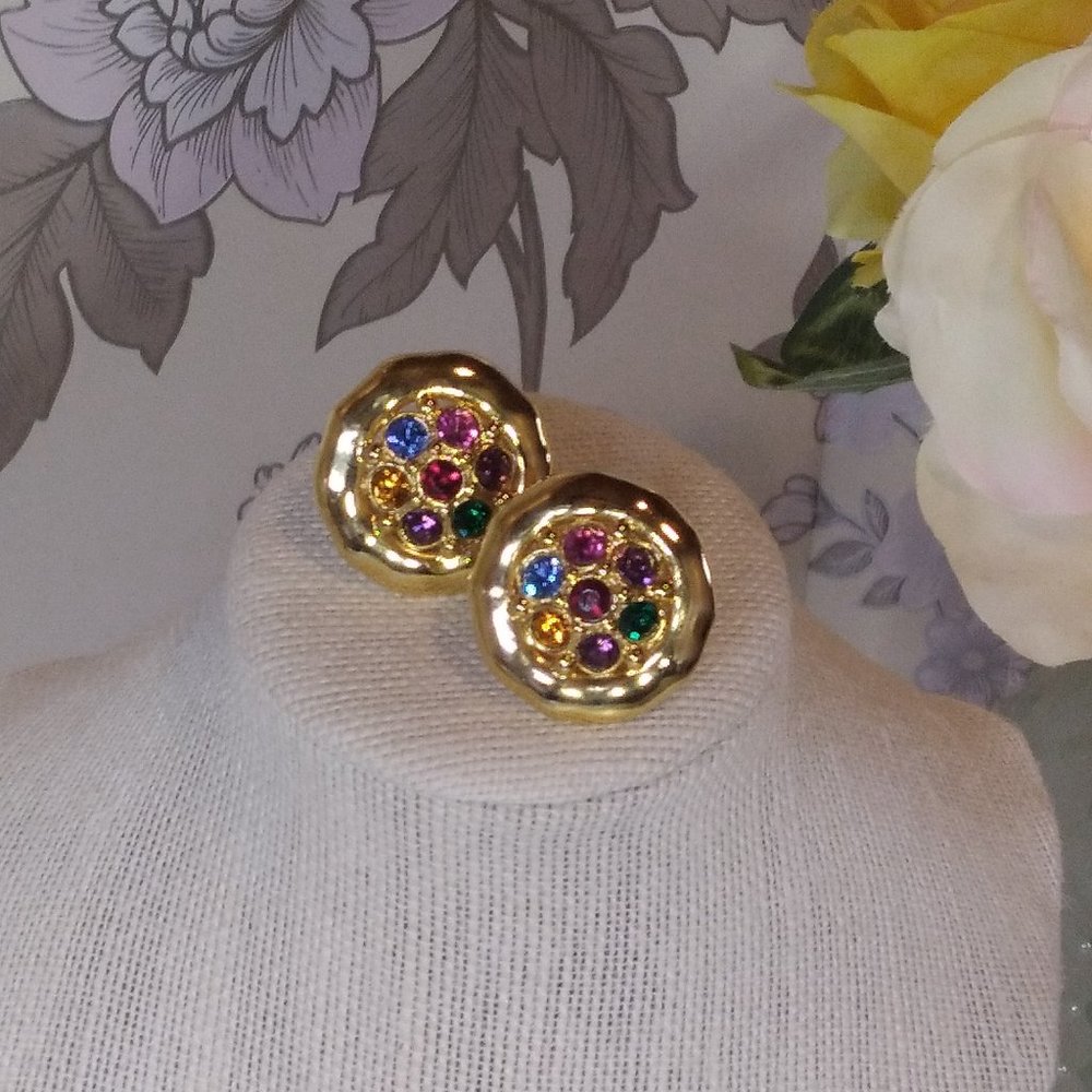 Lovely Vintage Gold toned,Multi Coloured Stone,Clip on Earrings